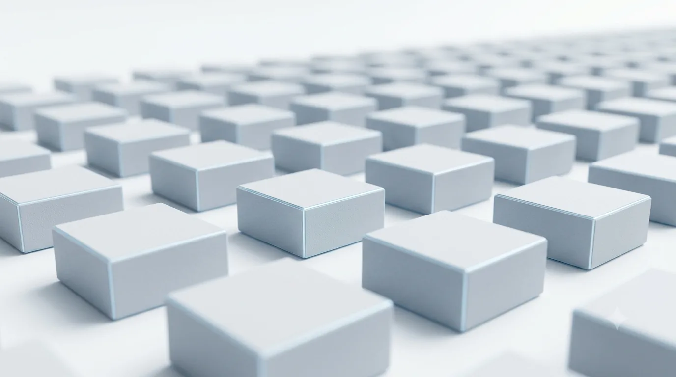 A repeating grid of identical white blocks receding into the distance.