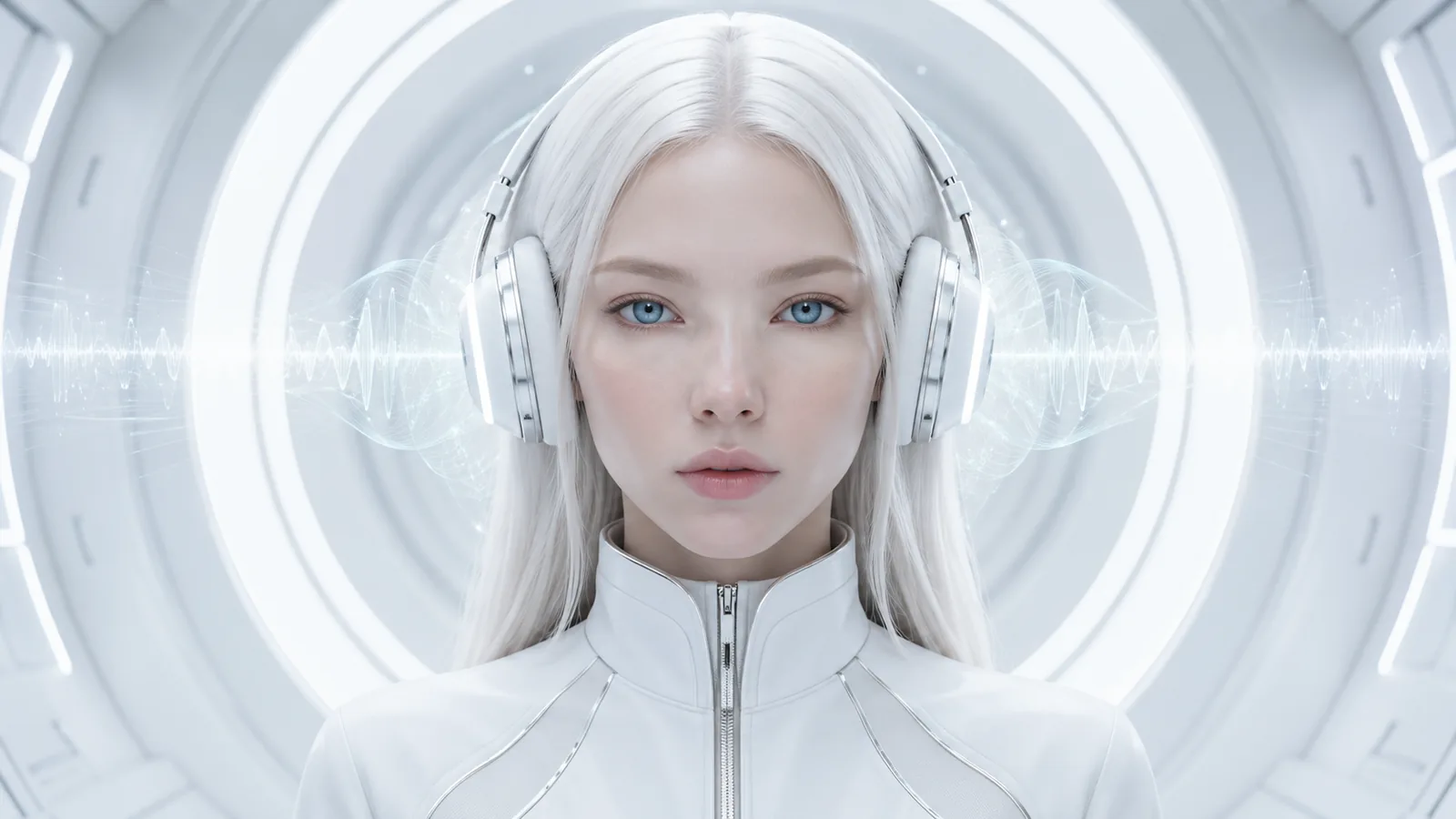 A headset-wearing support agent framed by concentric rings and a speech waveform.