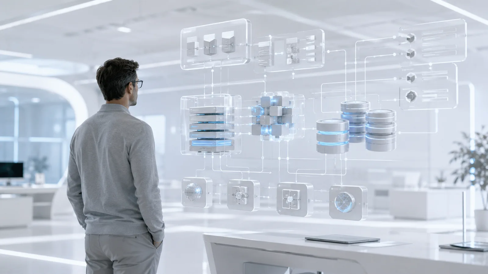 An engineer studying a holographic diagram of linked databases and services.