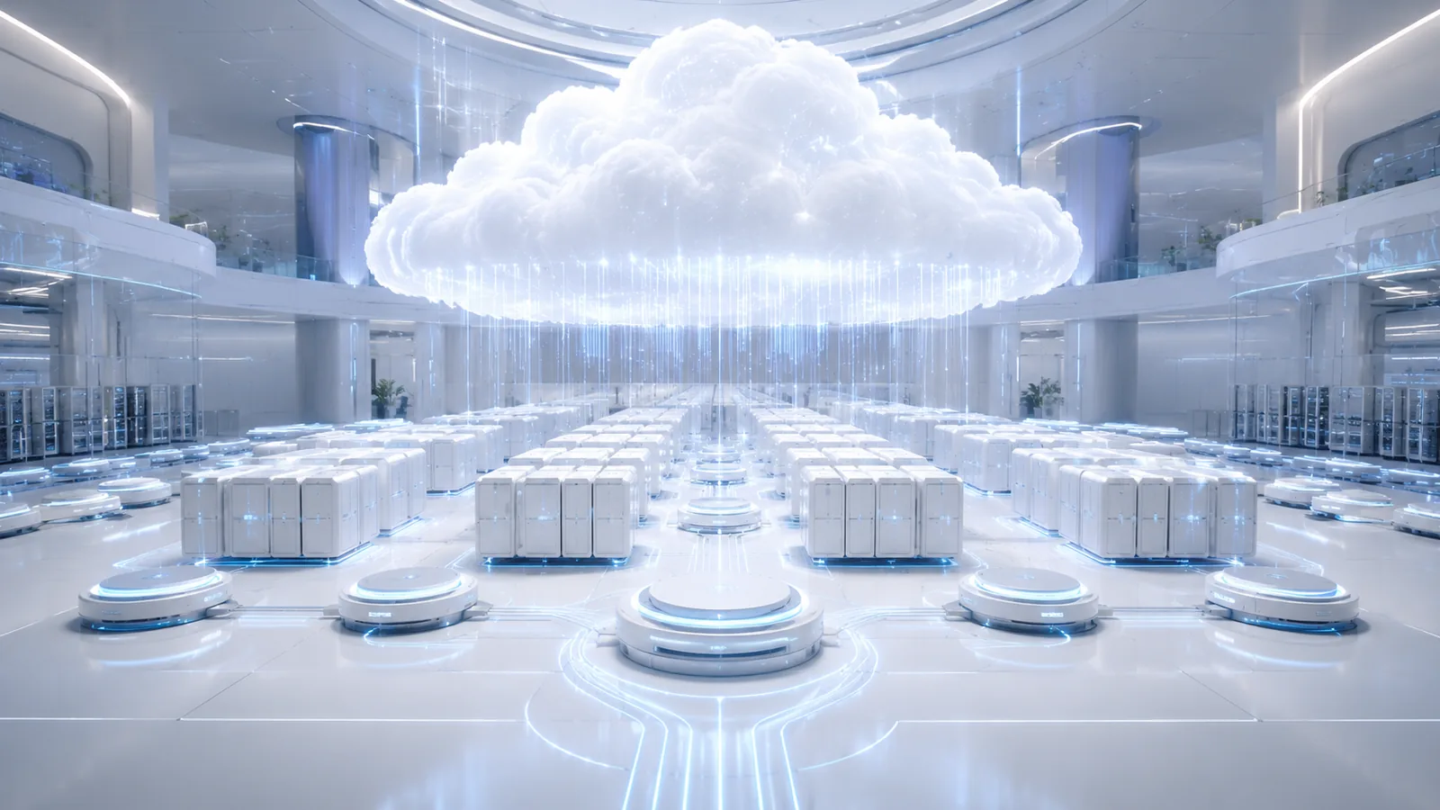A cloud suspended above rows of server racks in a bright data hall.
