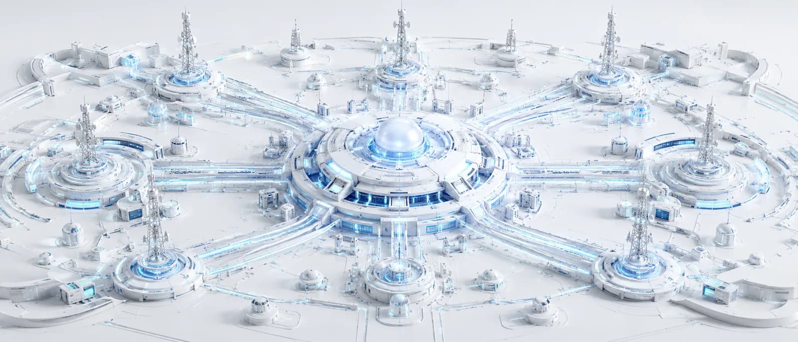 A sprawling network of linked towers and hubs rendered as a white circuit city.