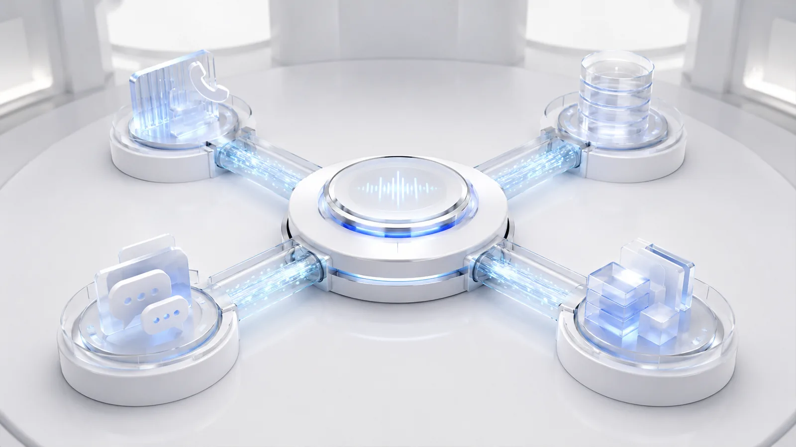 A central waveform hub linked by glowing conduits to storage, messaging and telephony nodes.