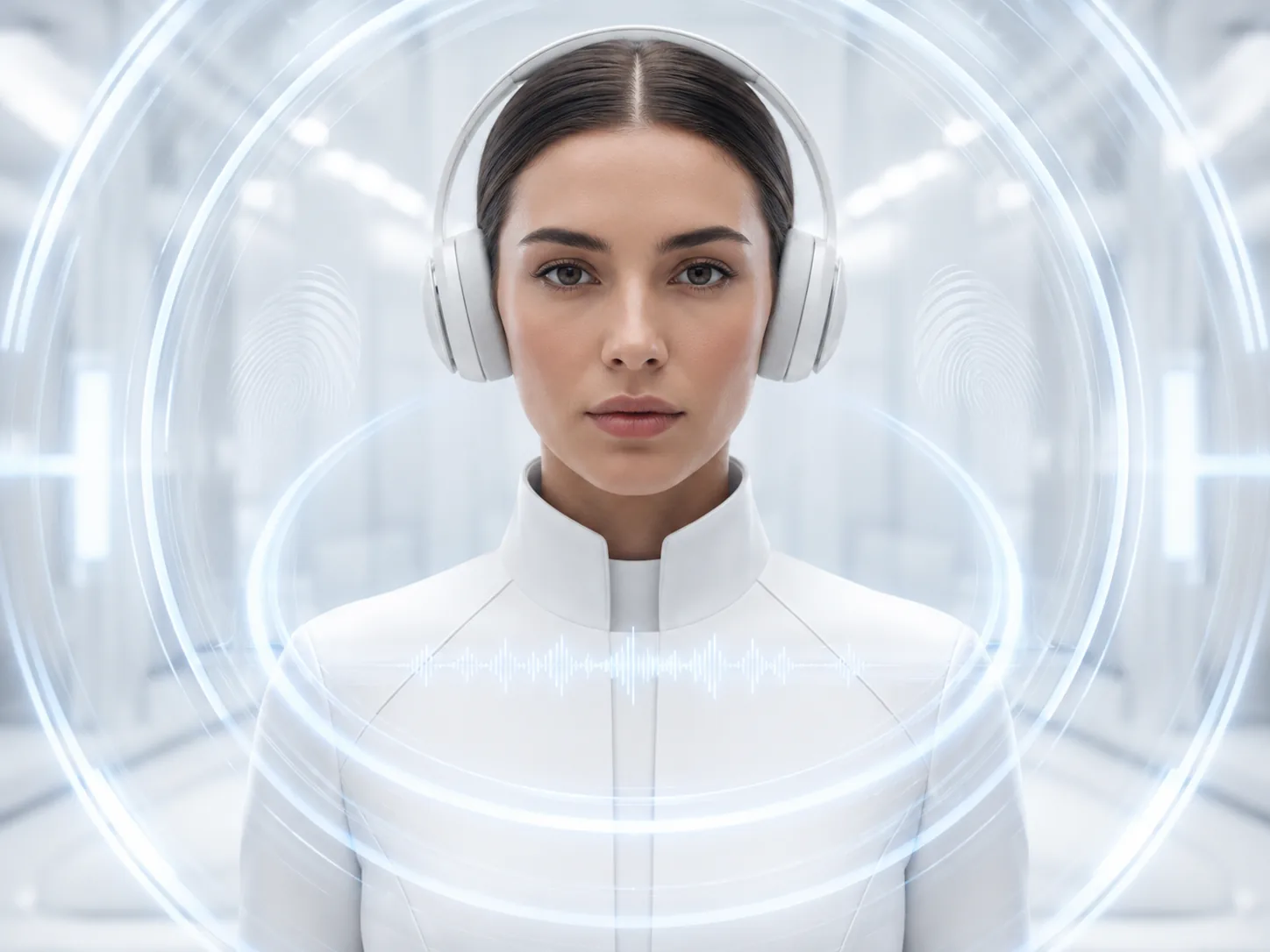 A headset-wearing operator centred in a ring of light with a speech waveform behind.