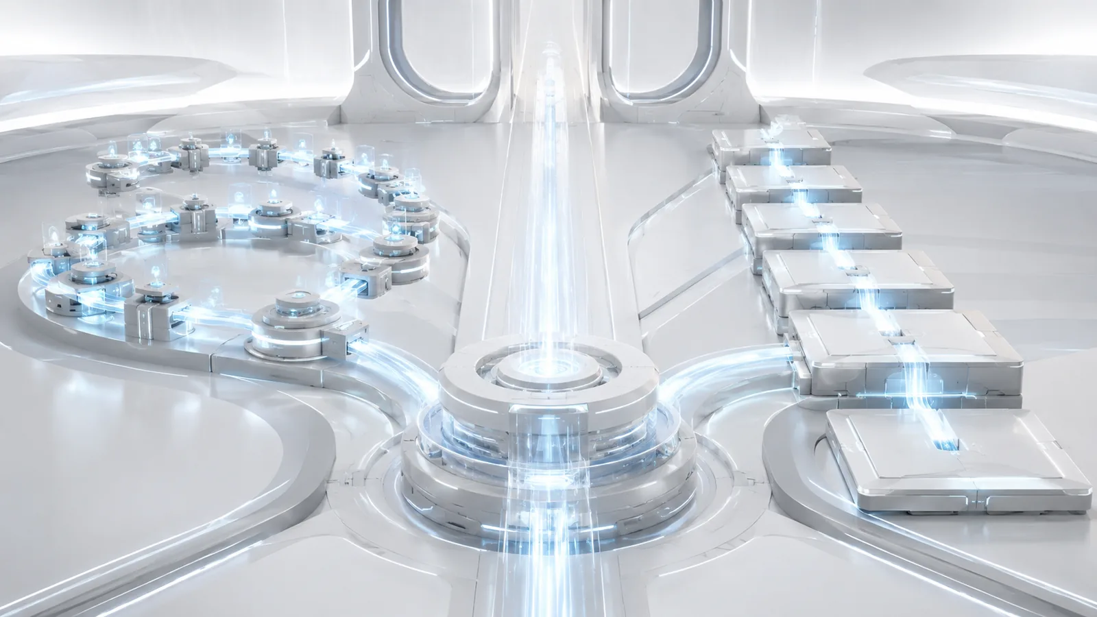 A branching industrial pipeline carrying streams of light between processing stages.