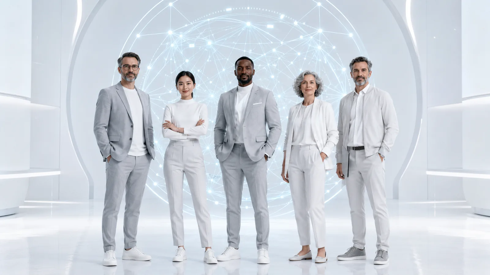 Five colleagues standing side by side in front of a softly lit network globe.
