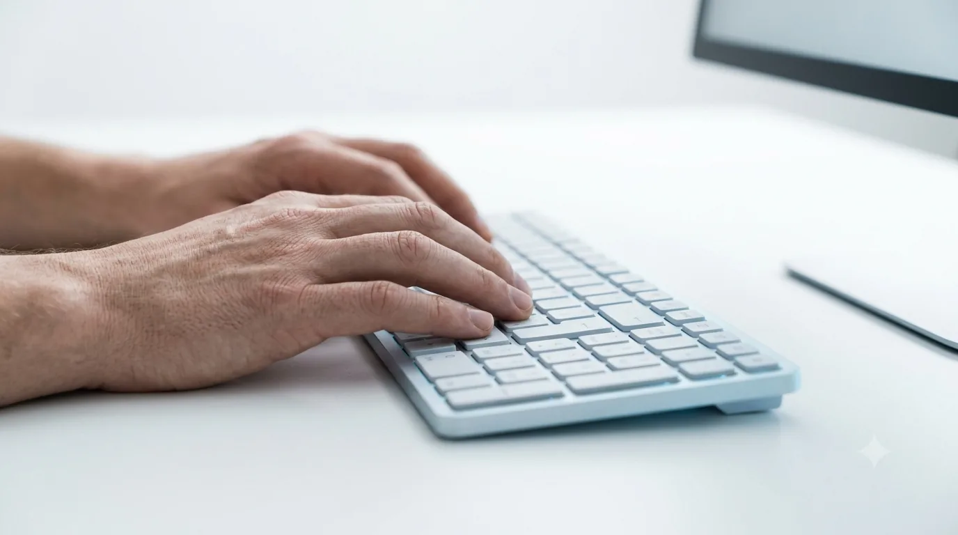 Hands typing on a keyboard at a clean desk beside a monitor.