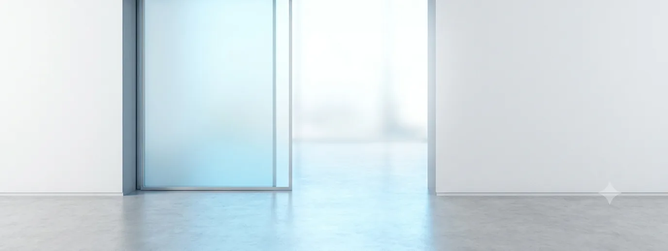 An open frosted-glass door in a bright wall, light spilling through the gap.