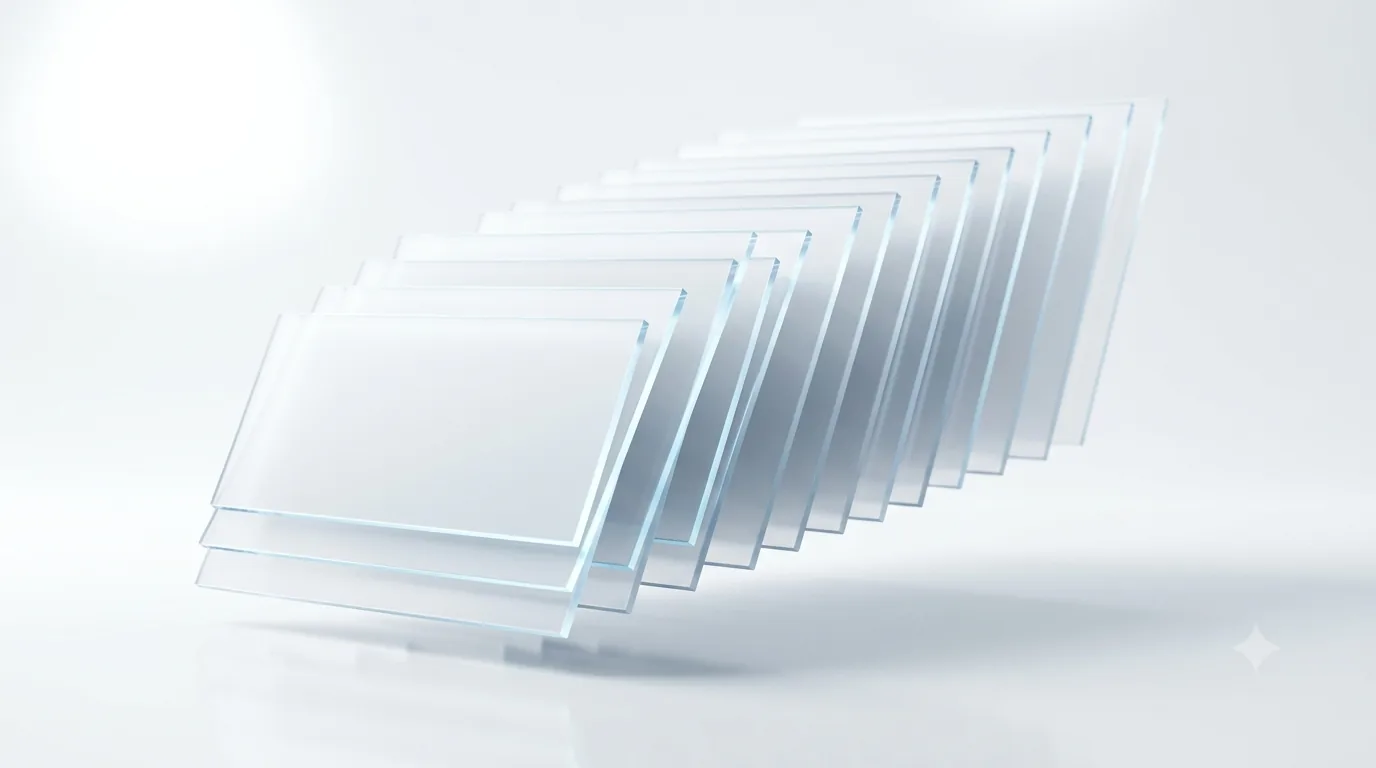 A fanned stack of translucent glass panes layered one behind another.