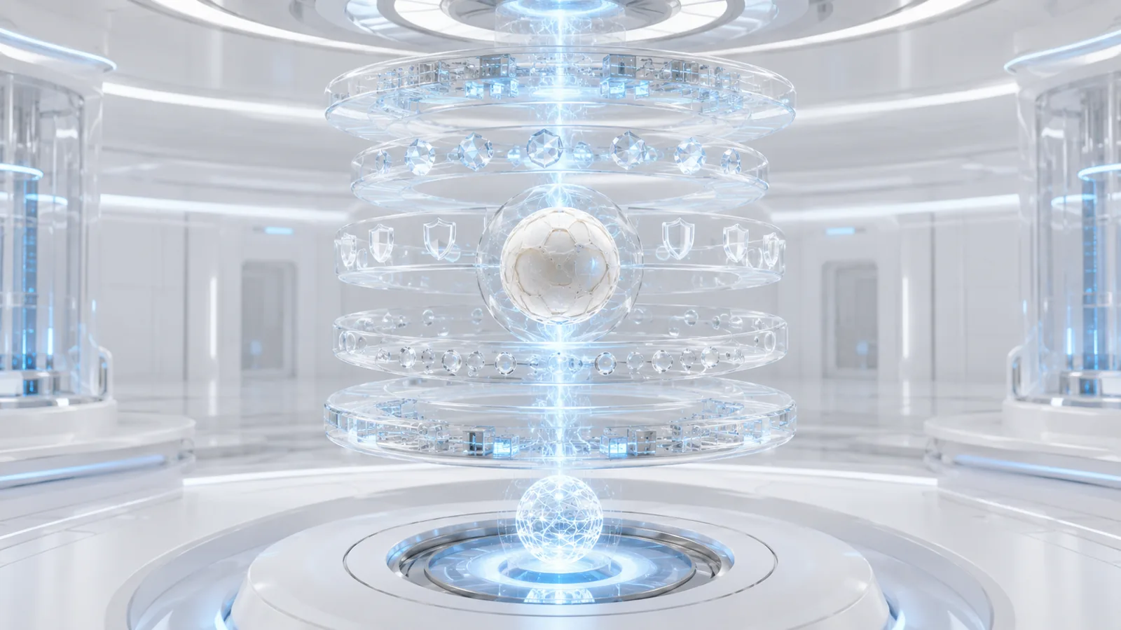 Stacked translucent rings orbiting a small glowing core.