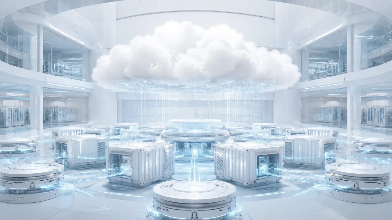 A cloud hovering above neat rows of small stored data blocks.