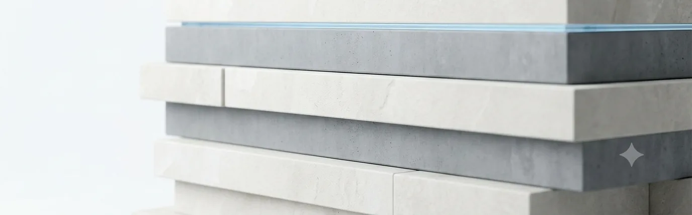 Stacked stone slabs layered one on top of another with a glass sheet between.
