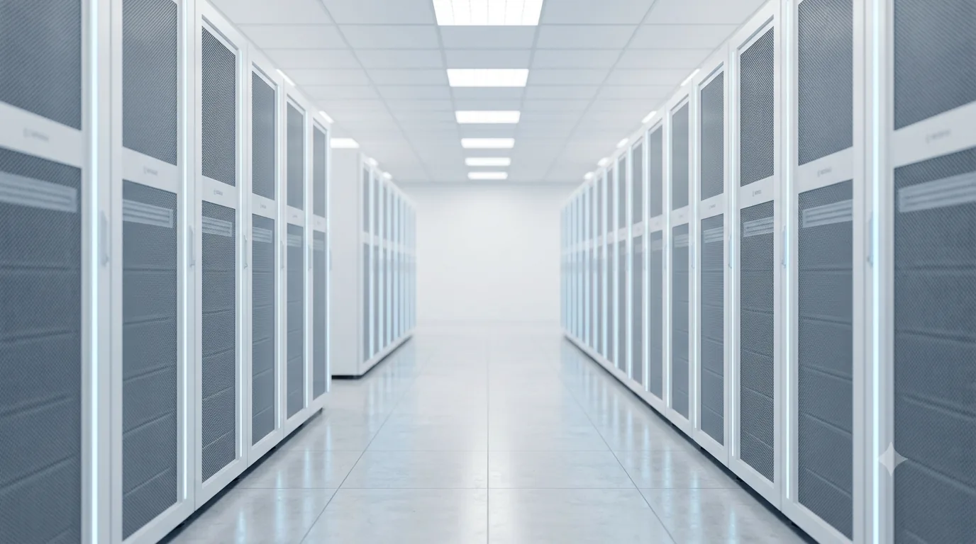 A long aisle between two rows of locked server cabinets.