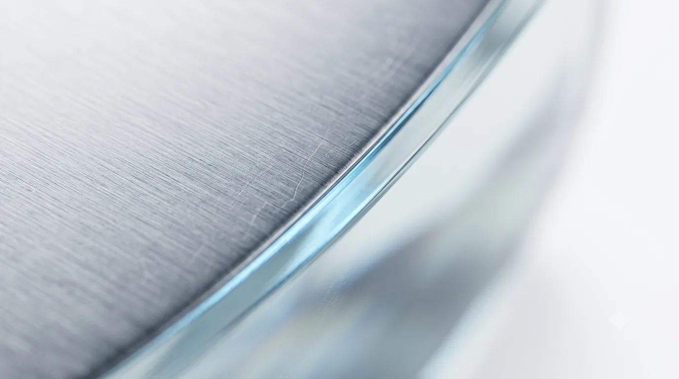 Macro view of the brushed metal edge of a disc against a pale surface.