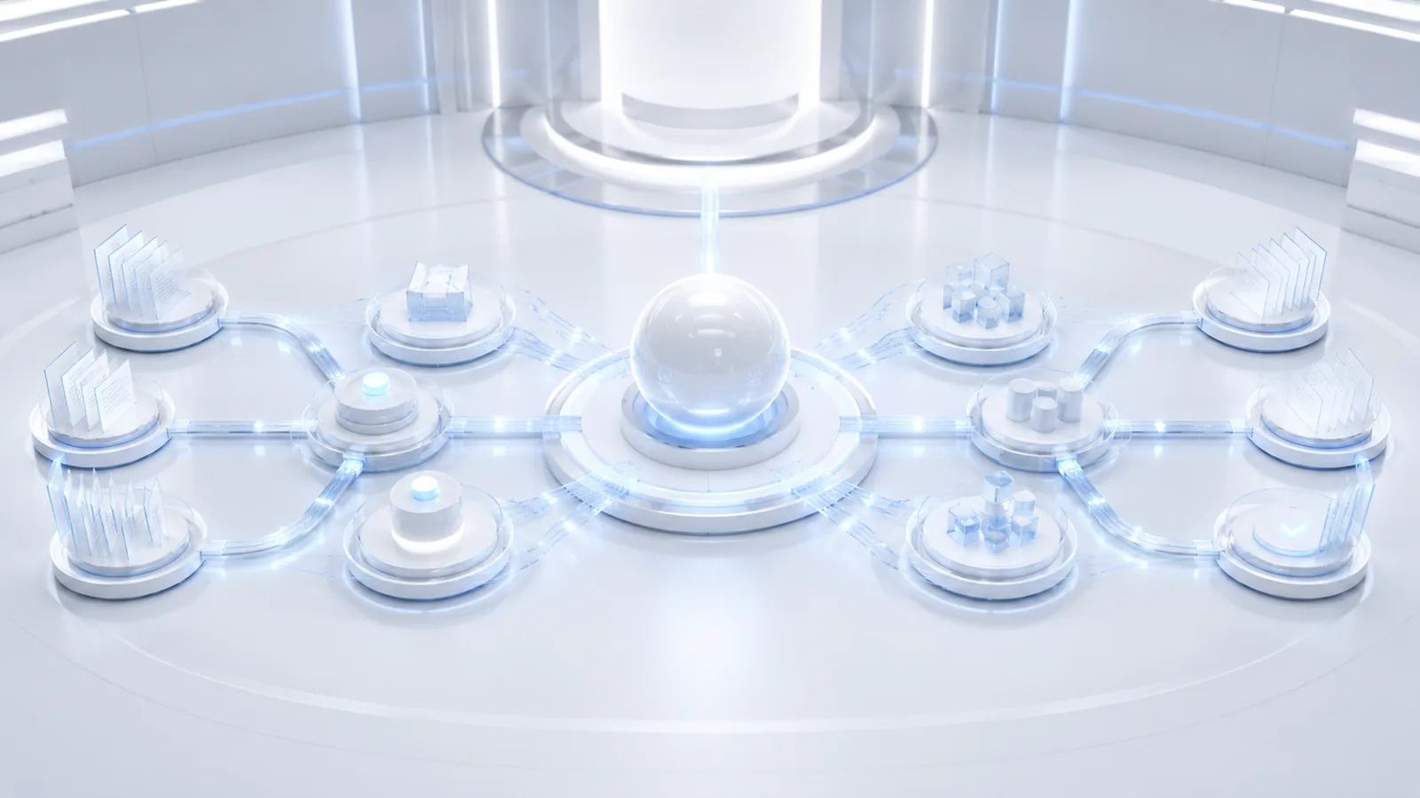 Linked nodes arranged in a measured ring around a central sphere.