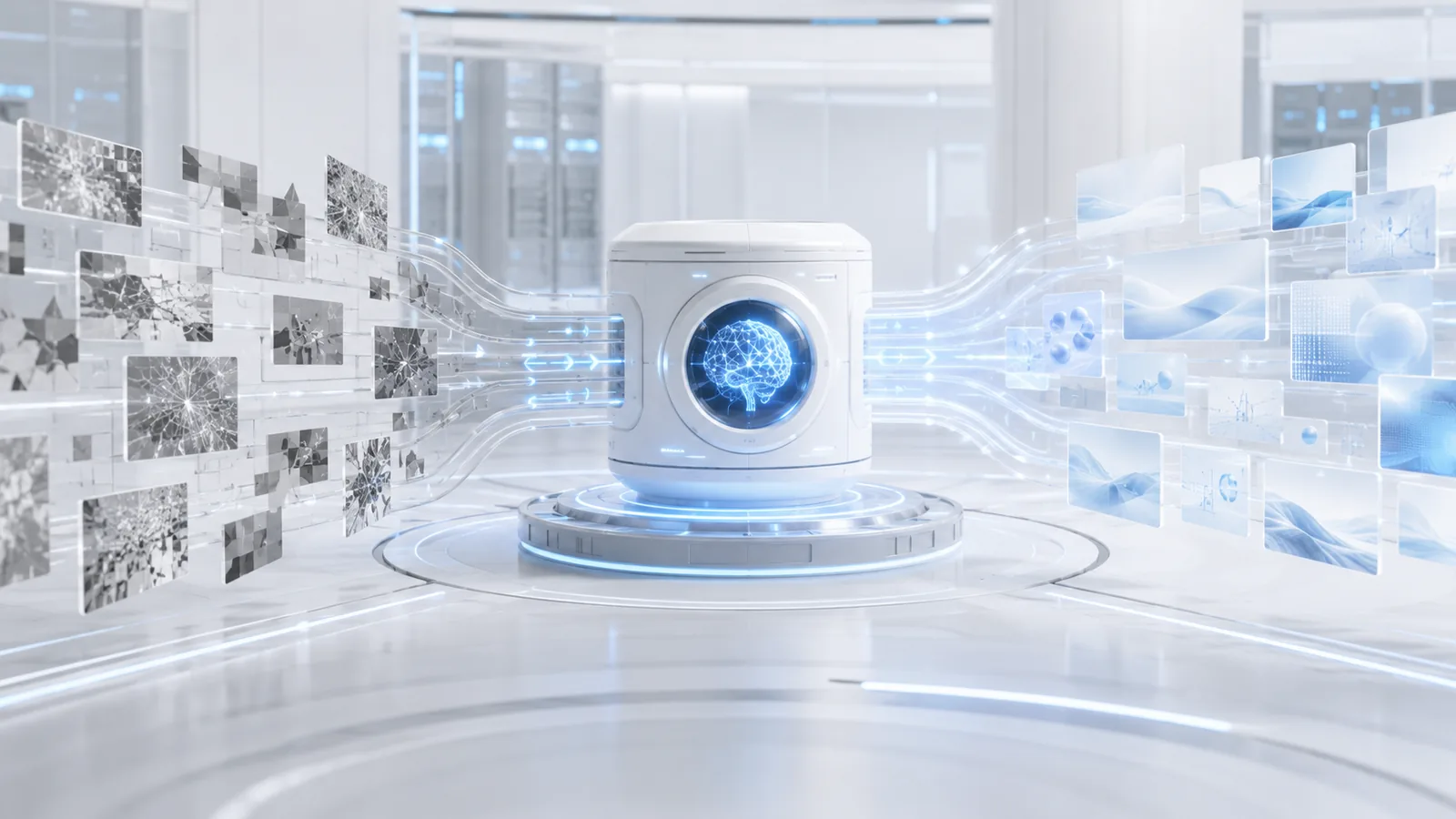 A glowing neural core on a plinth, ringed by floating panels of data feeding into it.