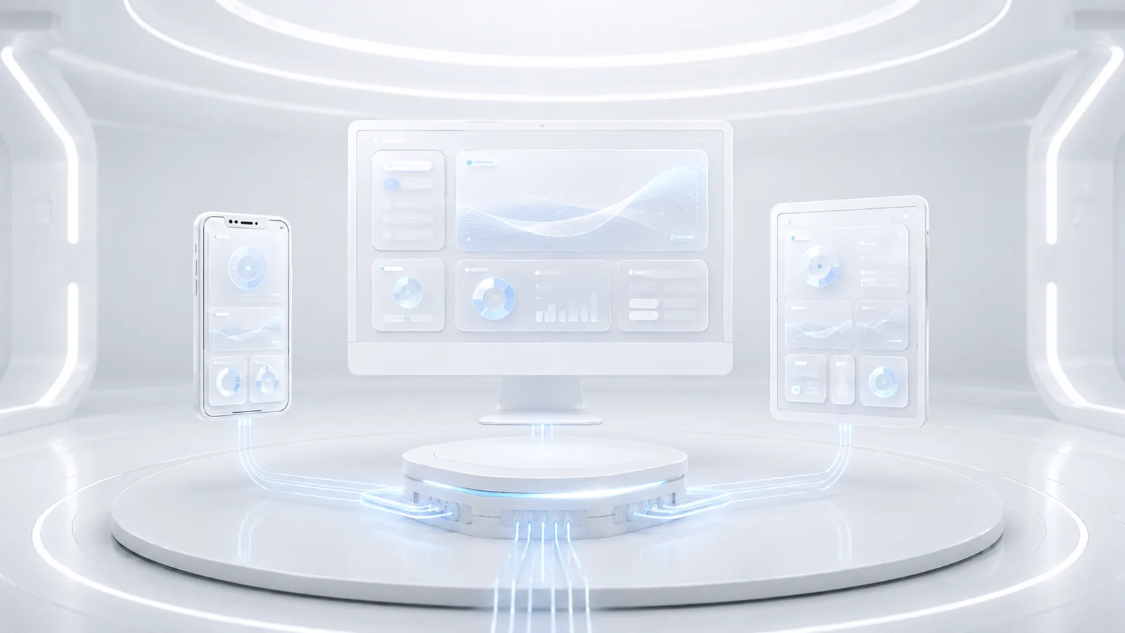 A dashboard interface floating between a desktop monitor, a phone and a tablet.