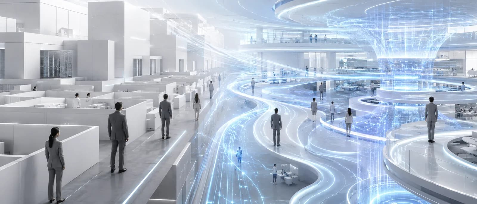 A grid of grey office cubicles dissolving into flowing streams of light on the right.