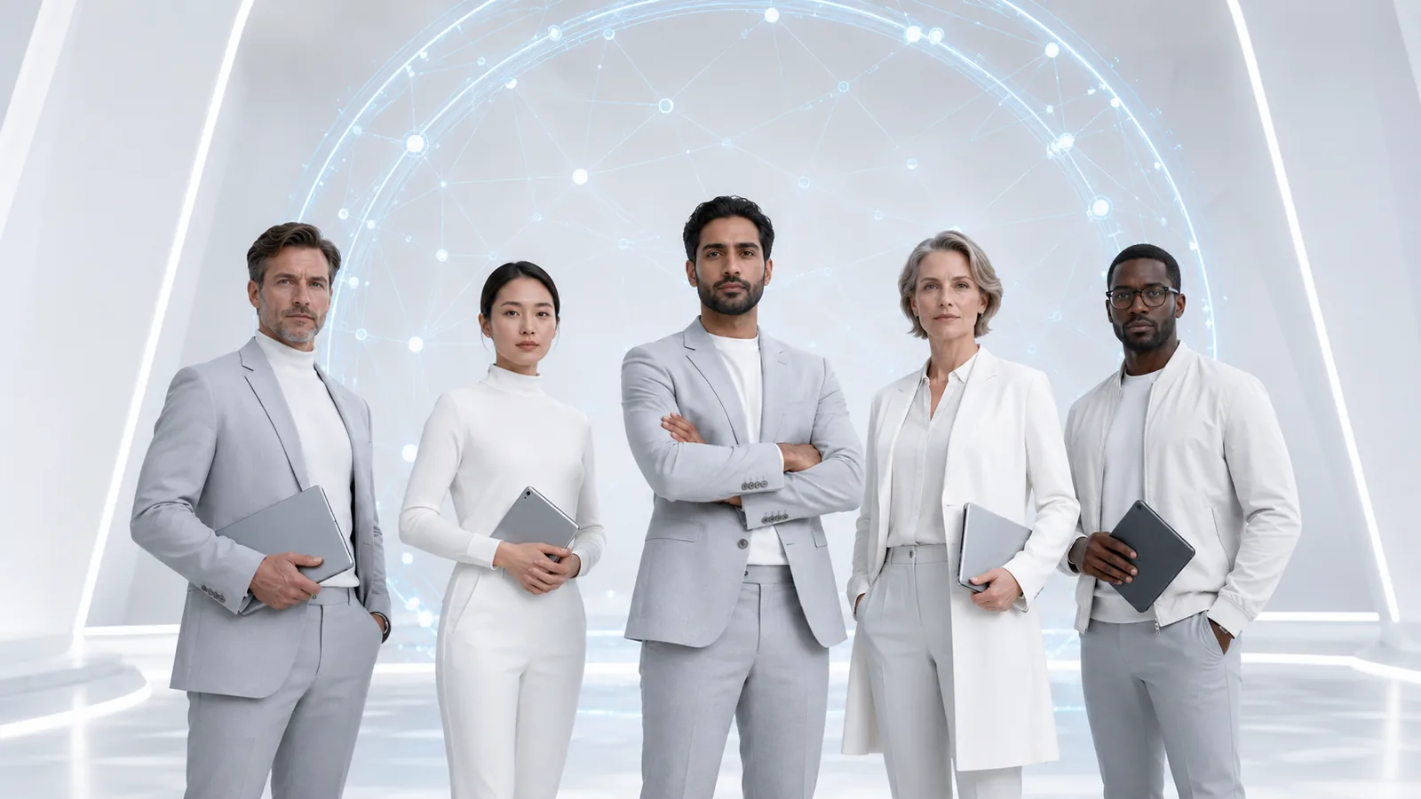 Five engineers standing together holding tablets, in front of a network diagram.