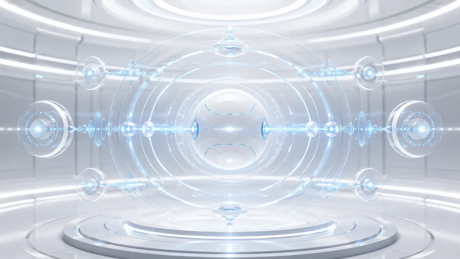 Concentric rings of light radiating outward from a central sphere.
