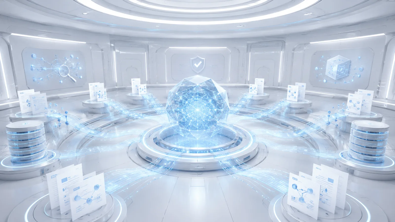 Document records flowing into a secure central core marked with a shield icon.