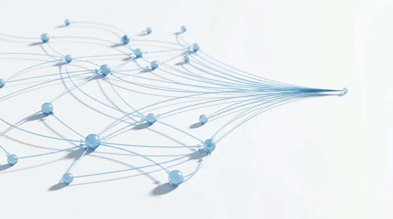 Blue network nodes and filaments converging to a single point.