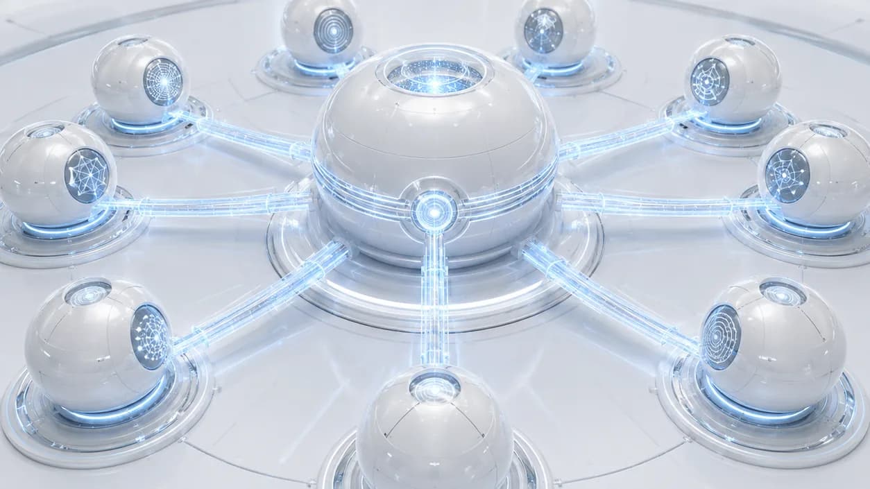 A central hub linked by glowing spokes to a ring of satellite spheres.